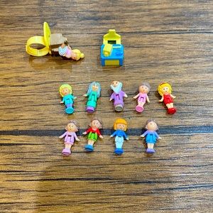 Polly Pocket figurines, computer desk, ballerina ring